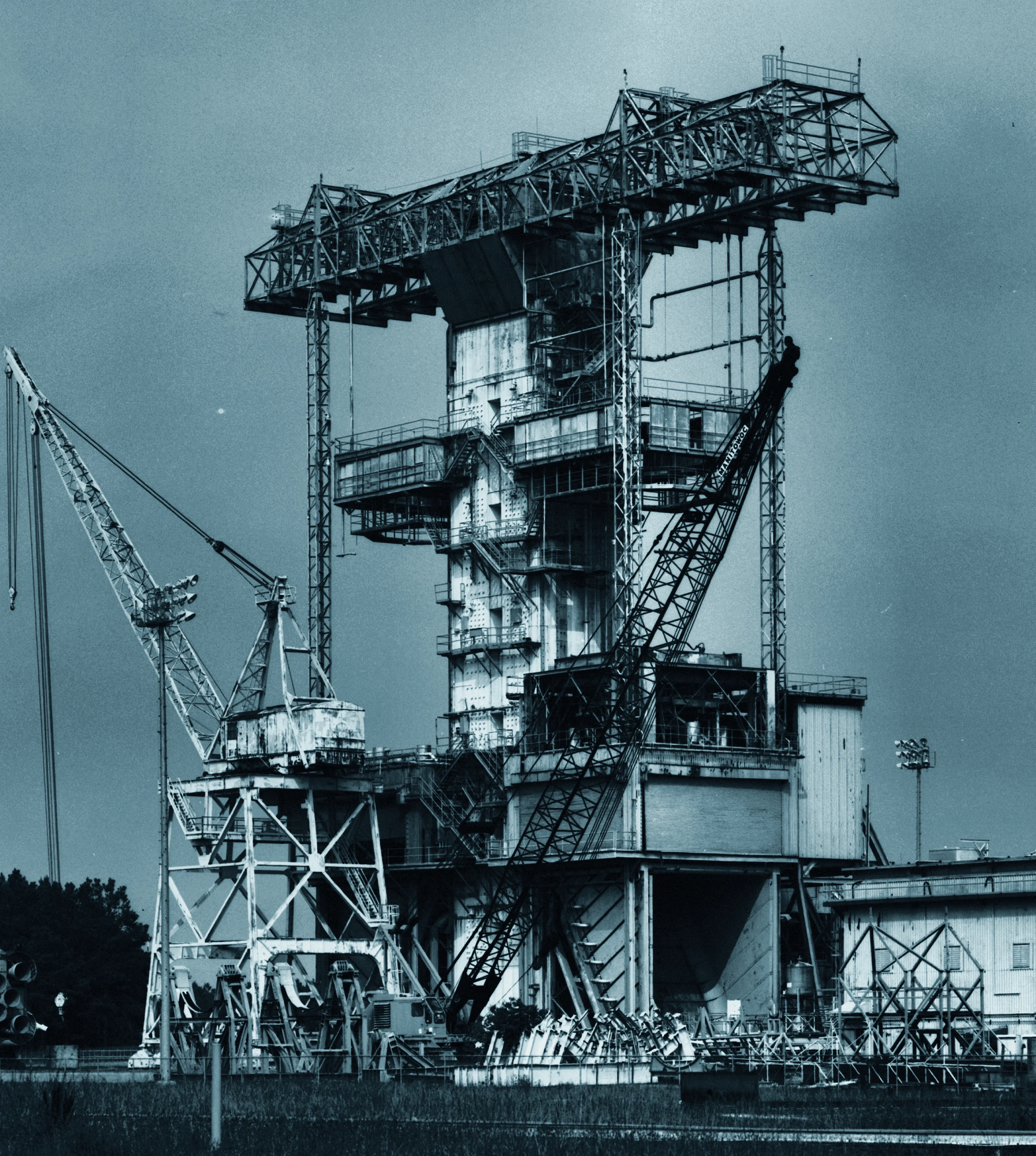 Static Test Tower, Marshall Space Flight Center — HAER drawing (1996) over HAER photograph