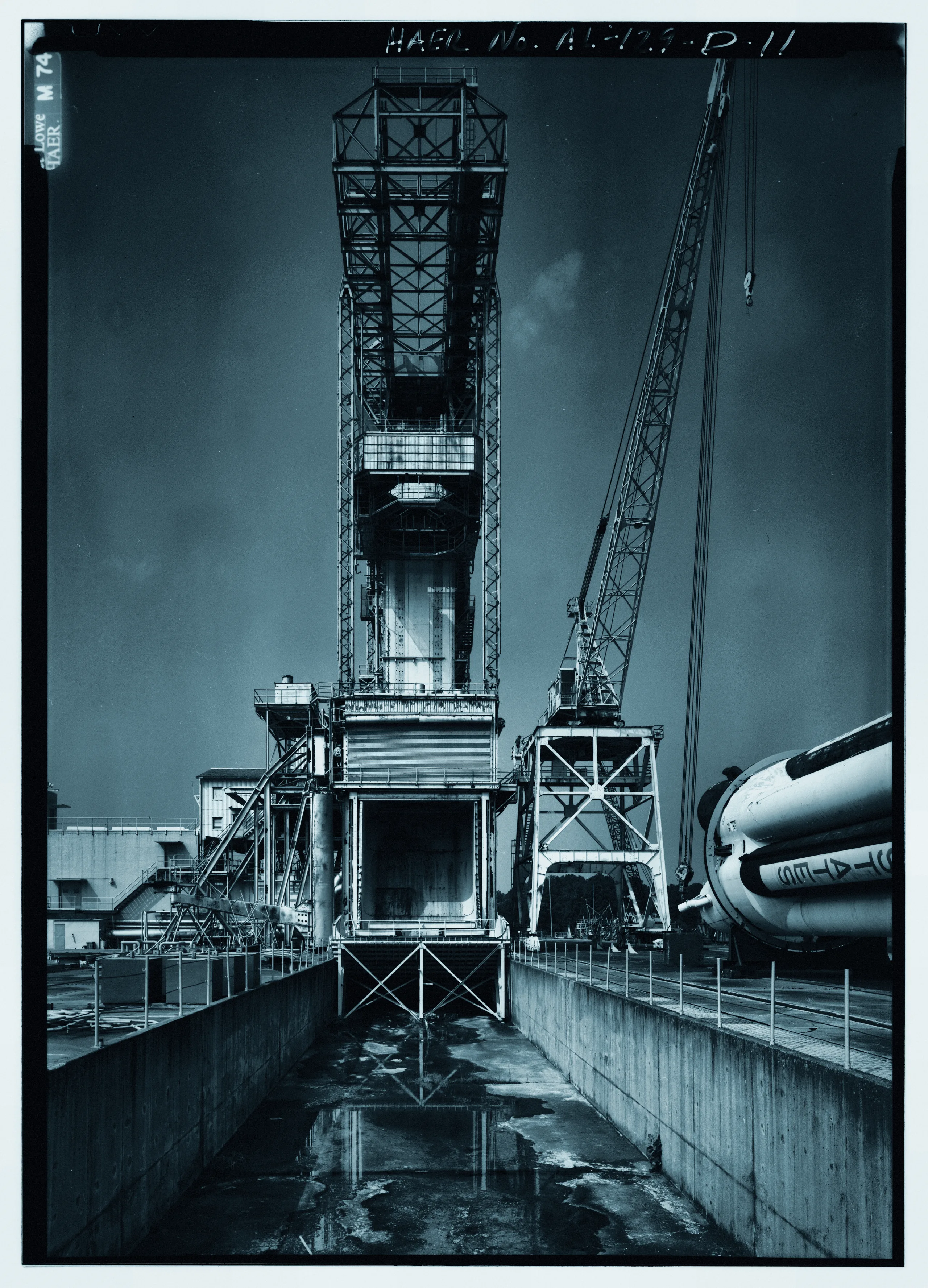 East elevation of static test tower looking down the flame trench and into the flame deflector