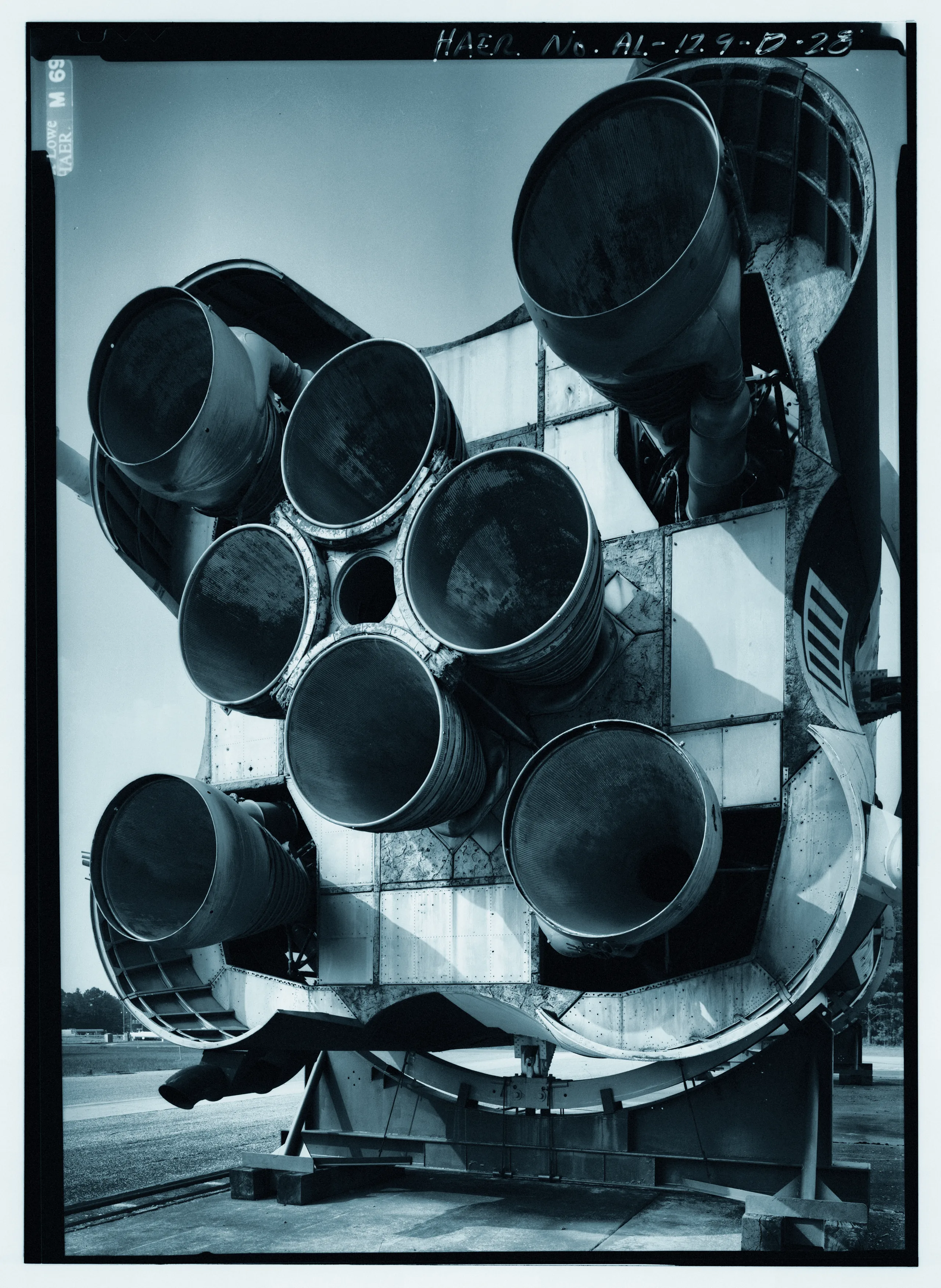 Engine cluster of 1st stage of a saturn i rocket engine located on north side of static test stand