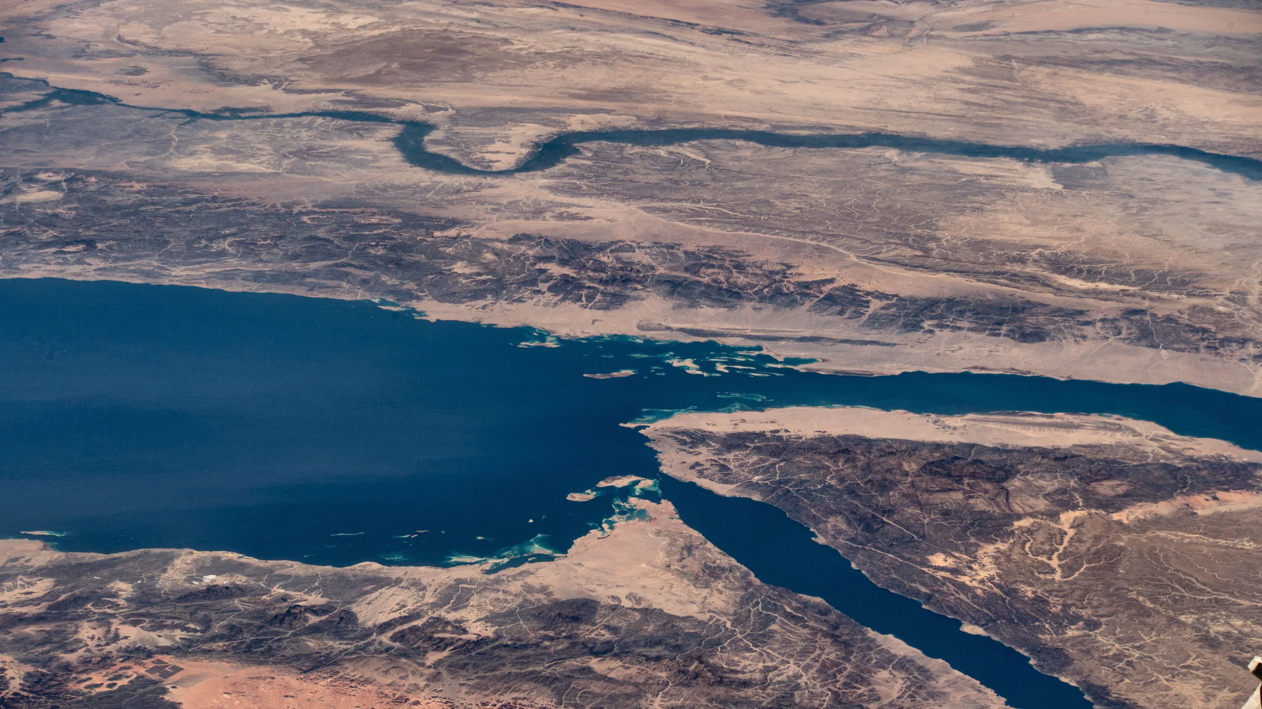 The Nile River, next to the Red Sea, winds through Egypt