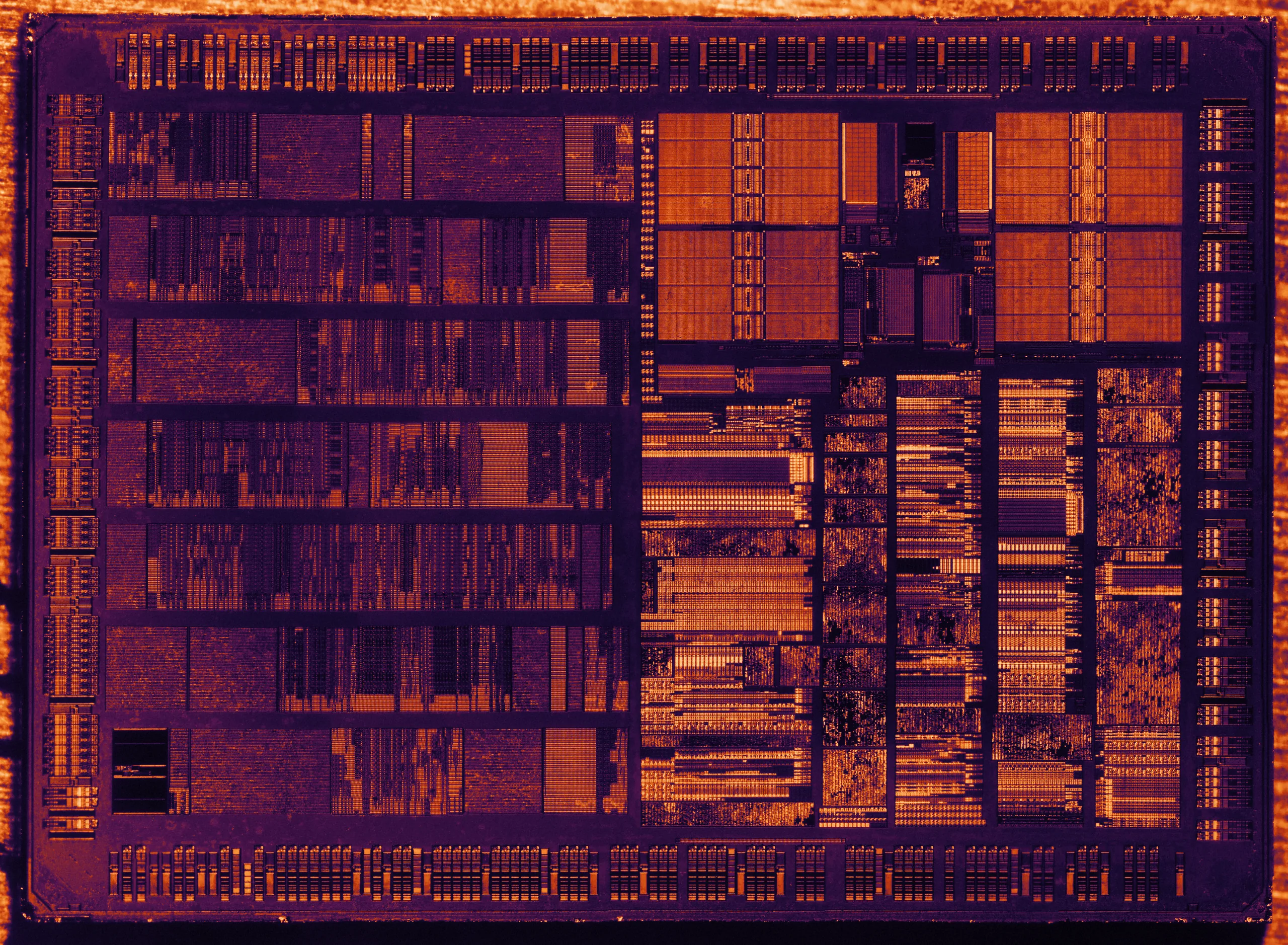 An integrated-processor die, photographed under a microscope