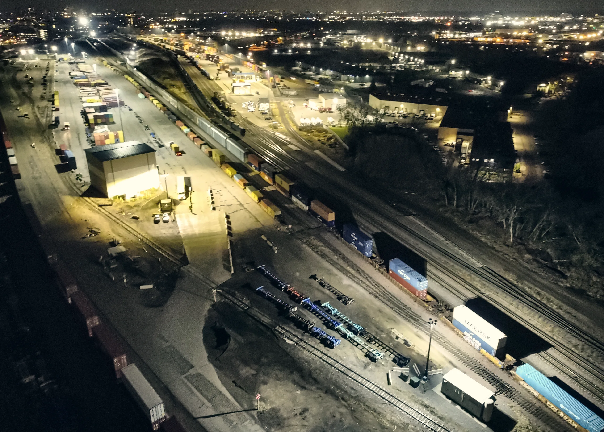 An intermodal container rail terminal at night, Minneapolis