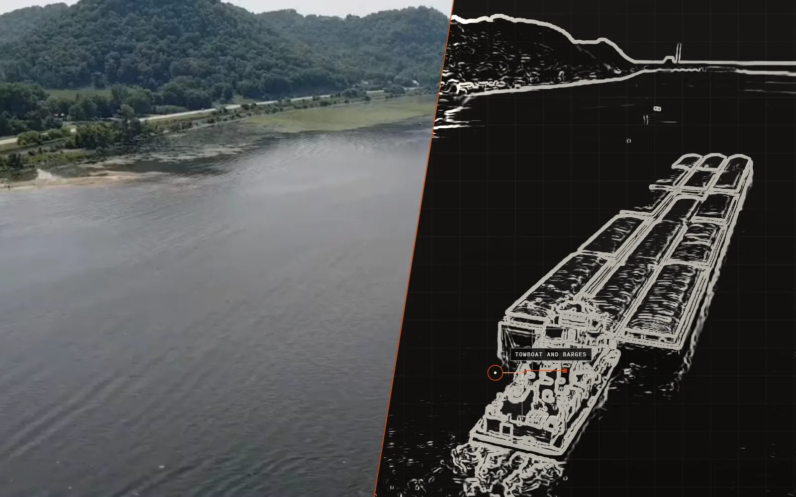 Towboat and barges — Mississippi River, 2023; half photograph, half line drawing of the same frame