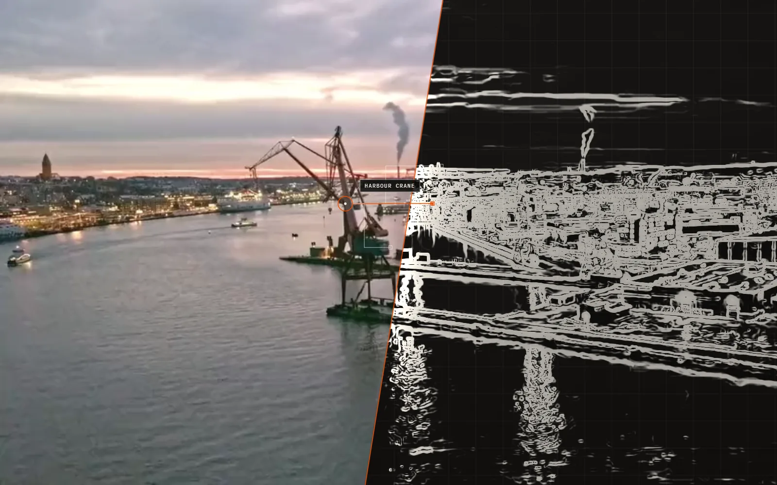Harbour crane — Gothenburg harbour, 2017; half photograph, half line drawing of the same frame