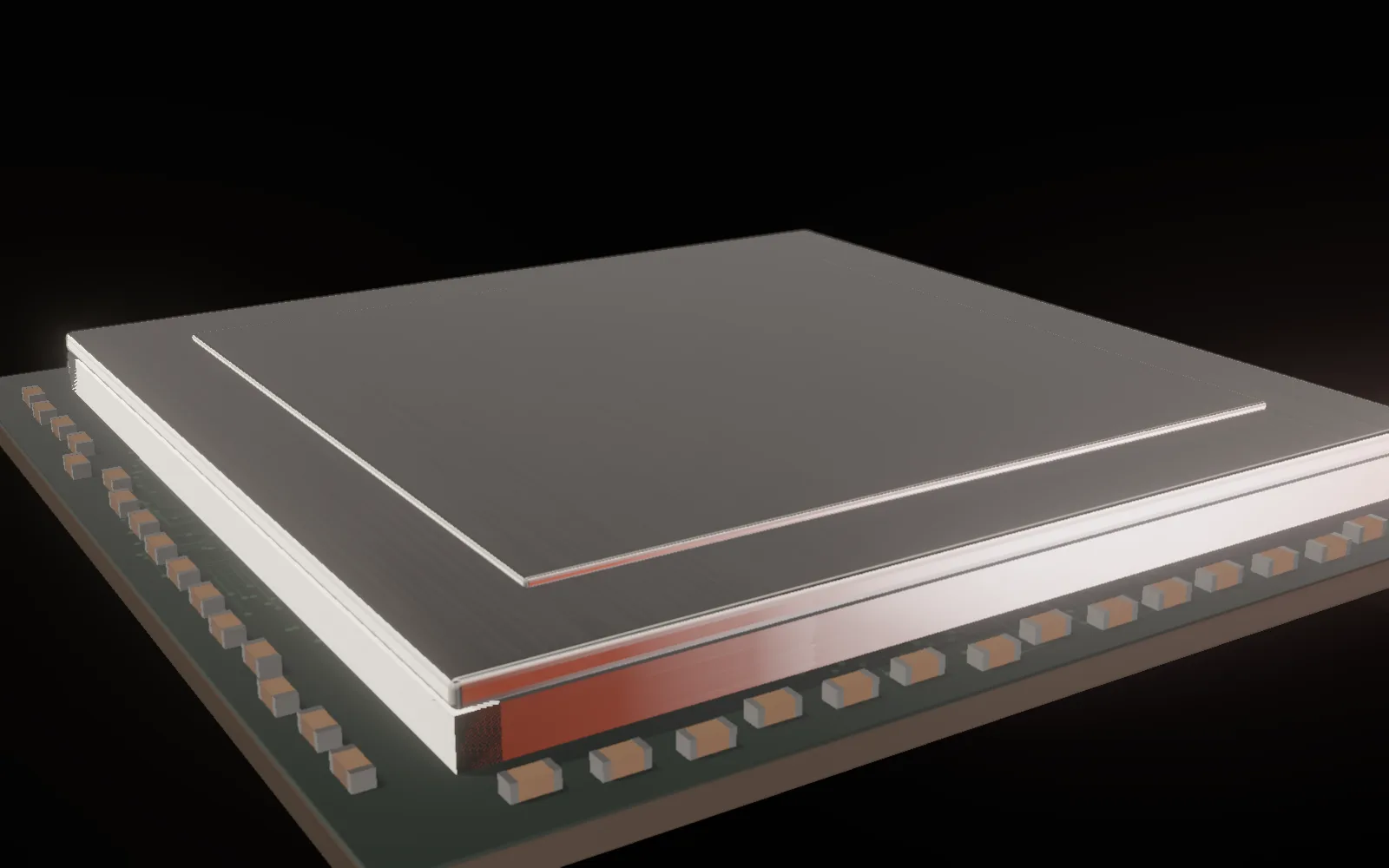 Assembled: The finished part, as a buyer receives it. An illustrative semiconductor package, modelled and rendered for this site.