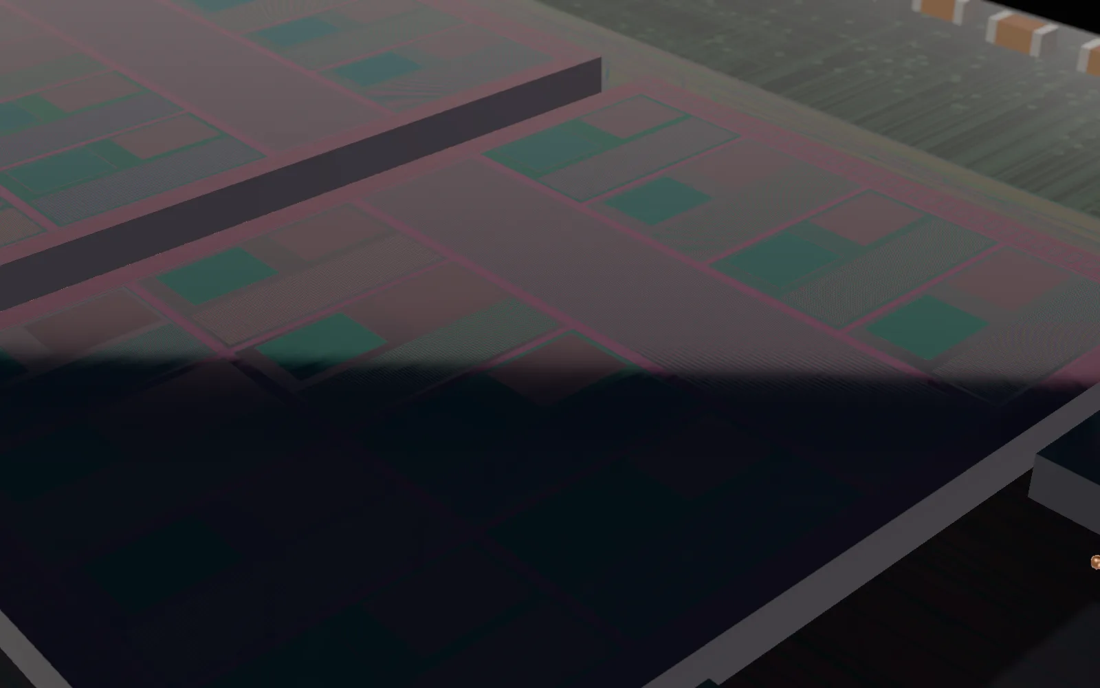 Compute die: Close on the silicon: the floorplan shows as colour in the light. An illustrative semiconductor package, modelled and rendered for this site.