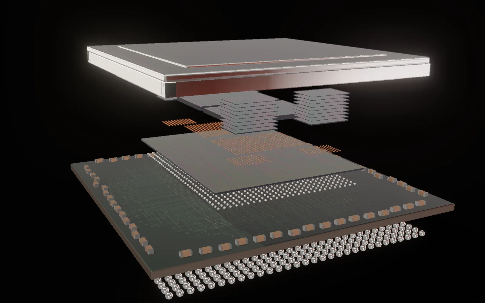 Every layer: Nine layers, each from a different line of supply. An illustrative semiconductor package, modelled and rendered for this site.