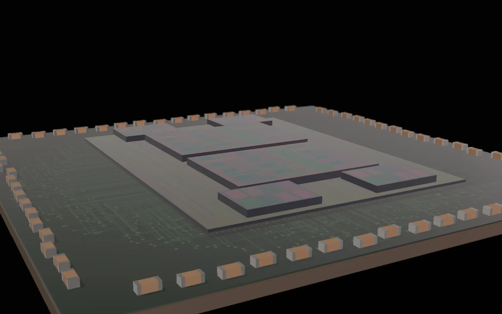 Lid off: Under the heat spreader: the dies, the memory, the silicon they sit on. An illustrative semiconductor package, modelled and rendered for this site.