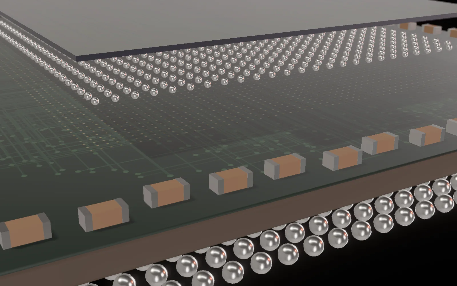 Substrate: The routing under everything, and the parts around its edge. An illustrative semiconductor package, modelled and rendered for this site.