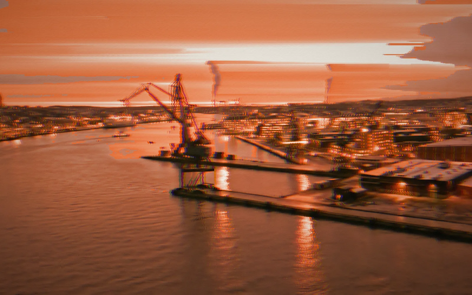 Harbour crane — Gothenburg harbour, 2017; the film broken up by digital glitches, pixel-sorted in the brand's orange