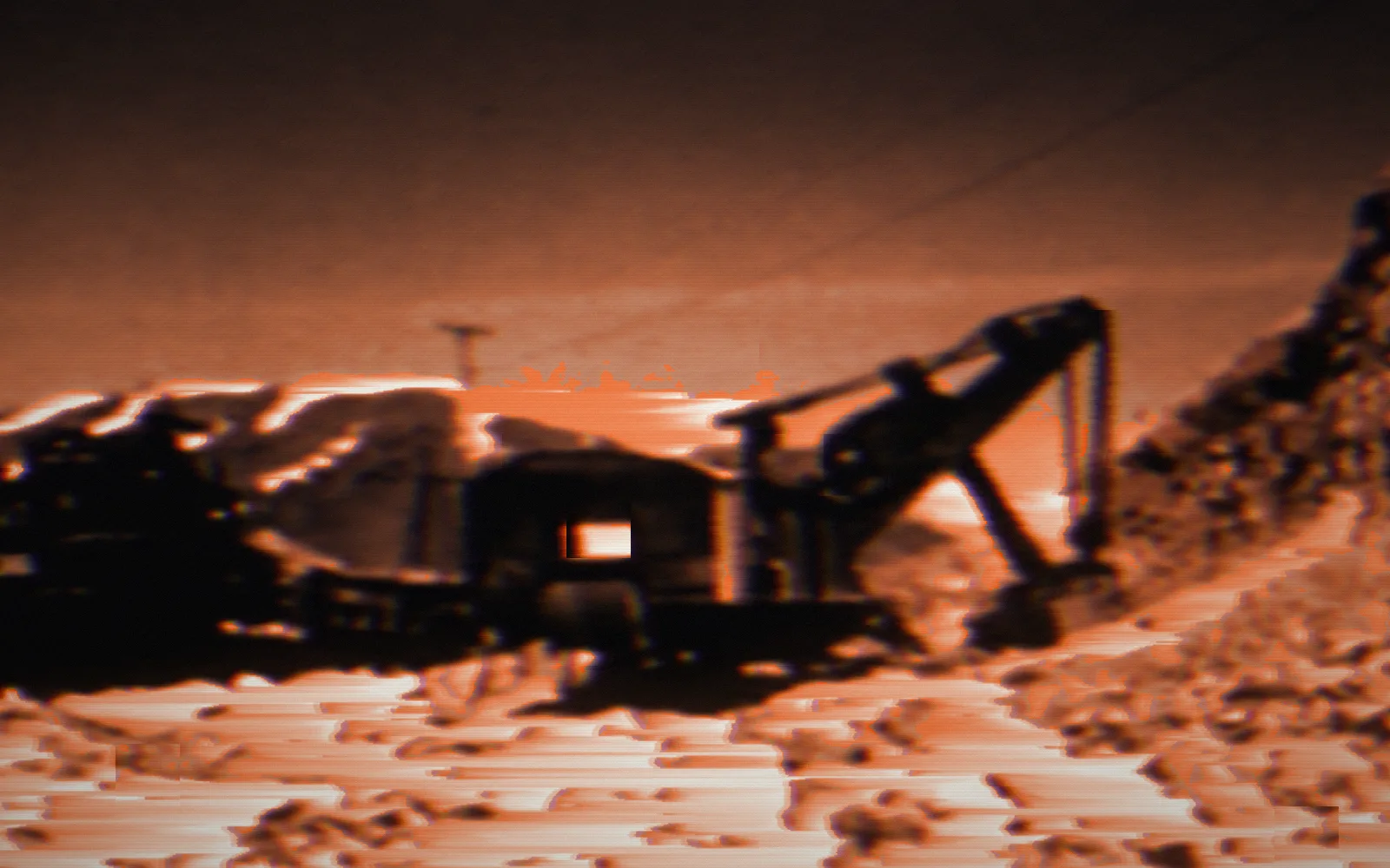 Power shovel at the pit — Copper Mining and Smelting (undated); the film broken up by digital glitches, pixel-sorted in the brand's orange