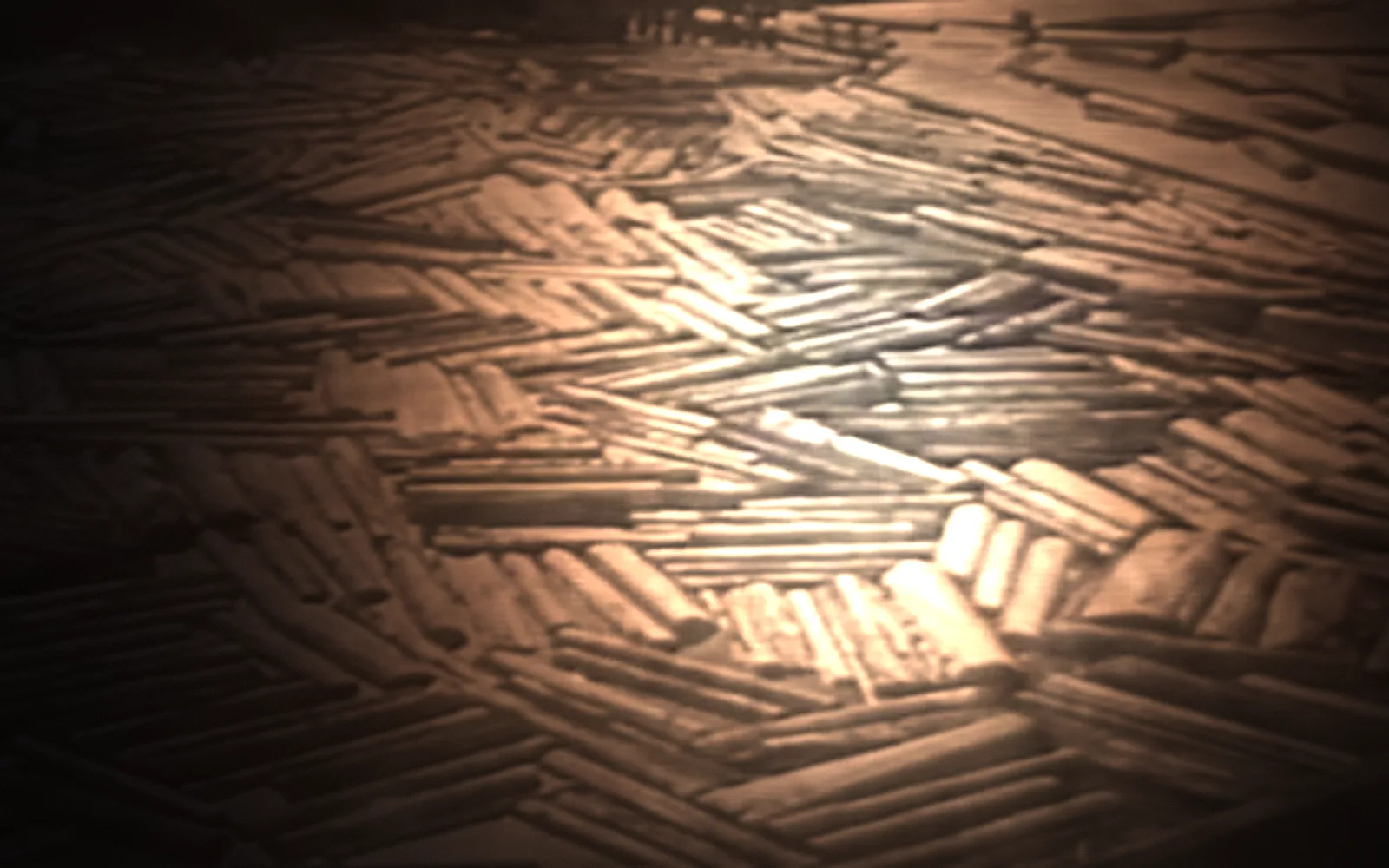 Logs in the mill pond — Redwood Saga, 1940; the film lit again by a moving light, the rest in shadow