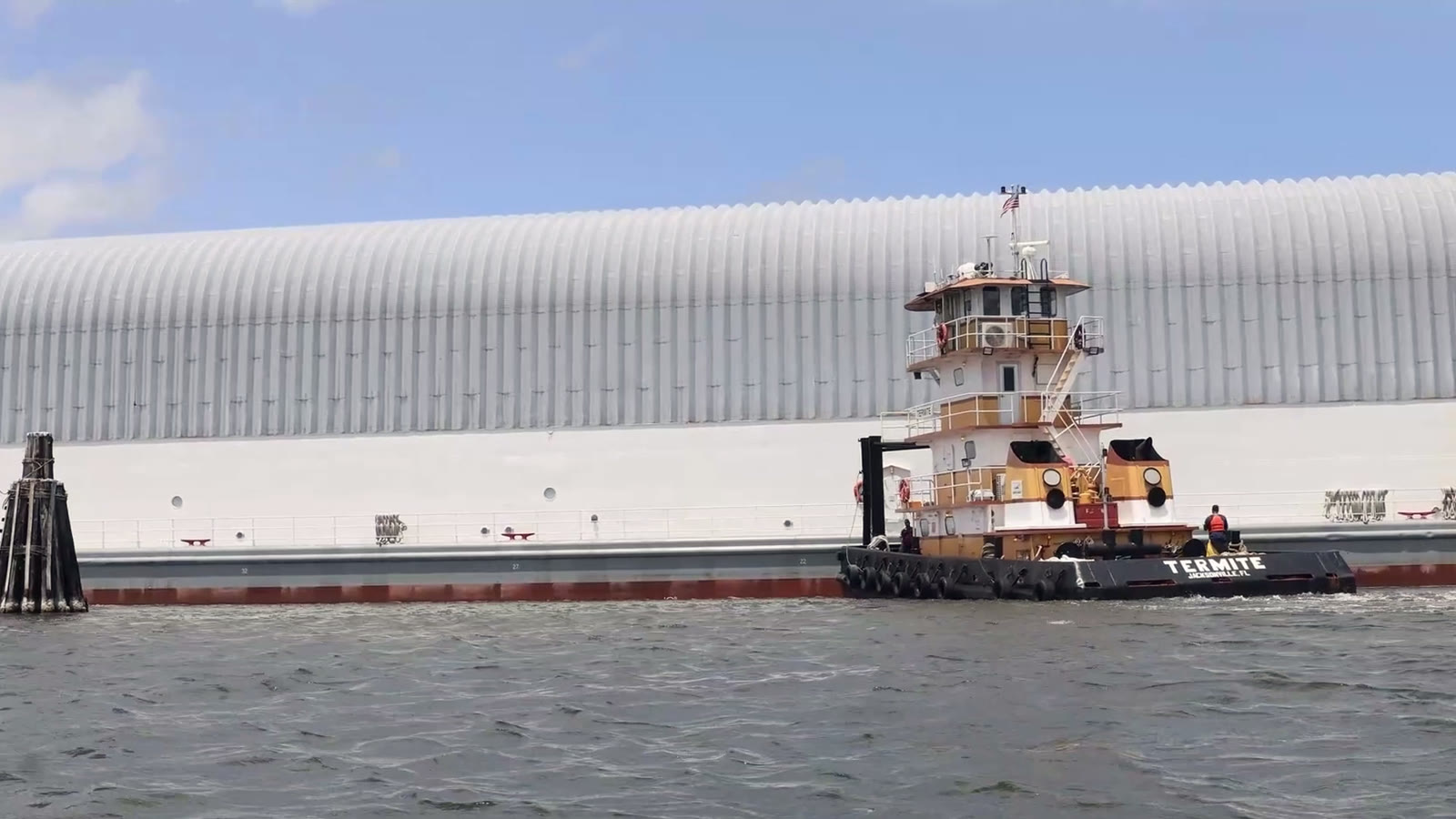 Core stage on the Pegasus barge — NASA, 2026