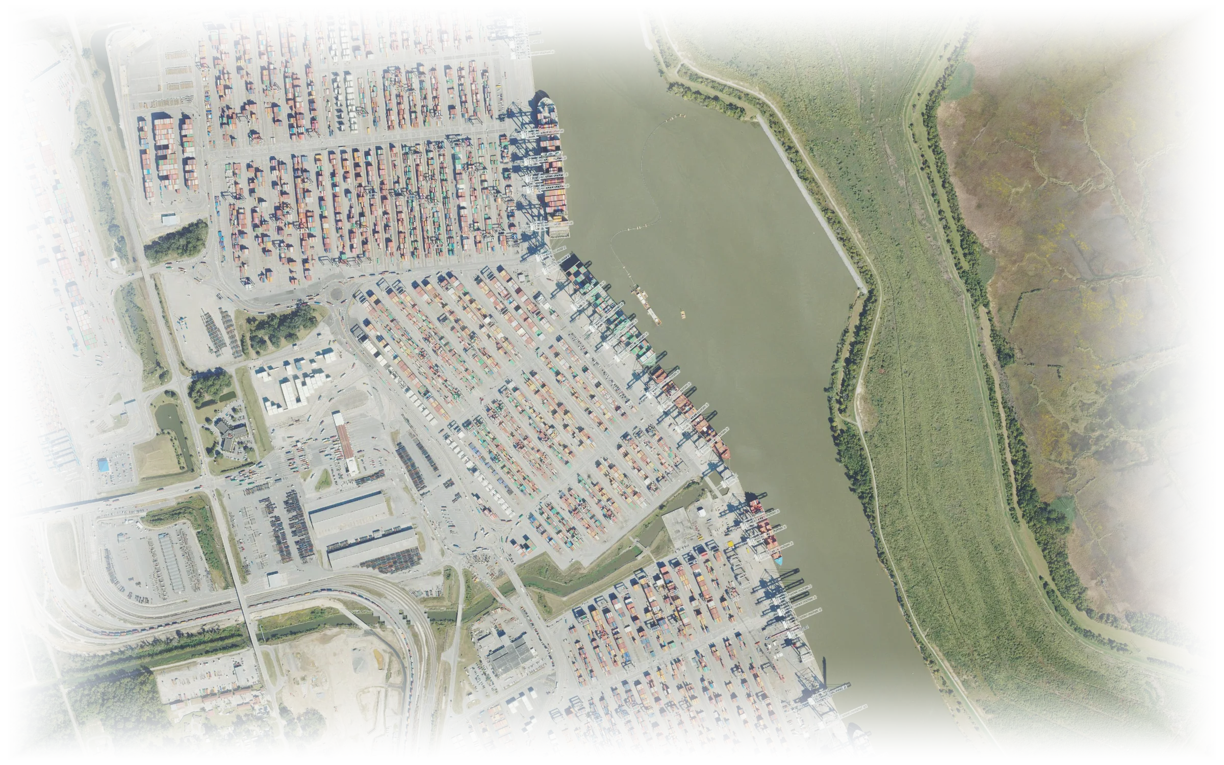 Berths, cranes, container stacks — field of view 3.2 km. USDA NAIP aerial imagery