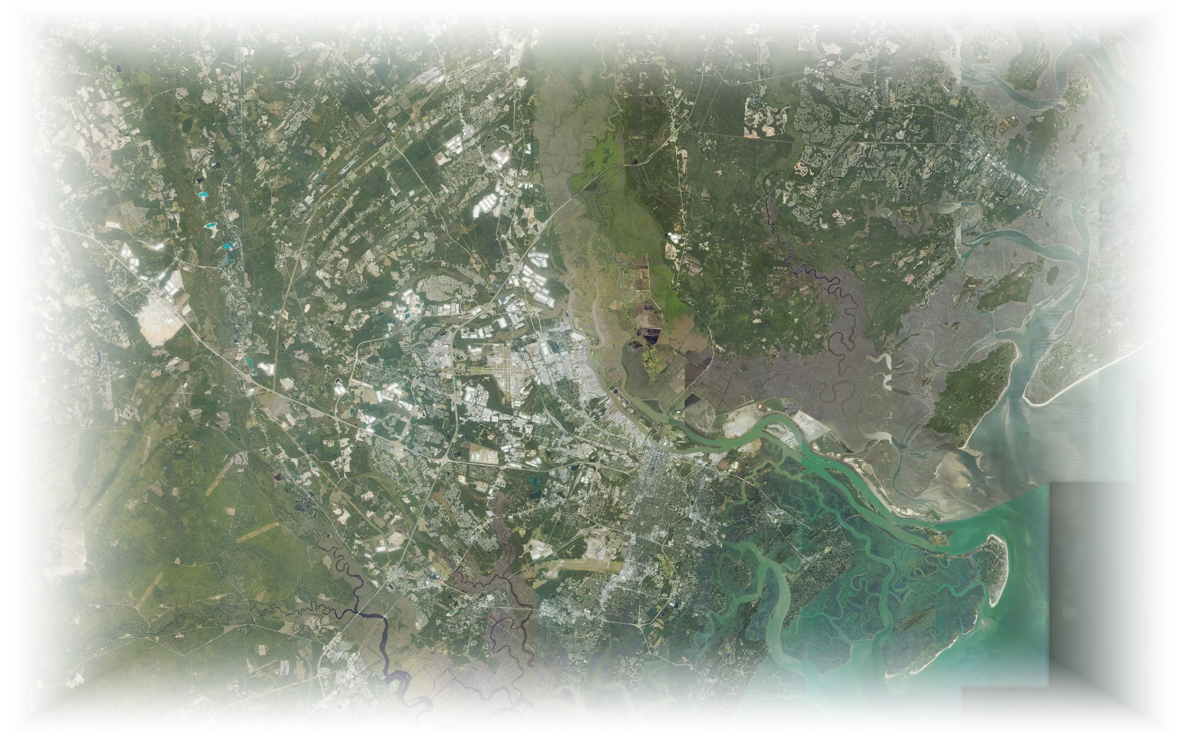 A river port and its city — field of view 80 km. USDA NAIP aerial imagery
