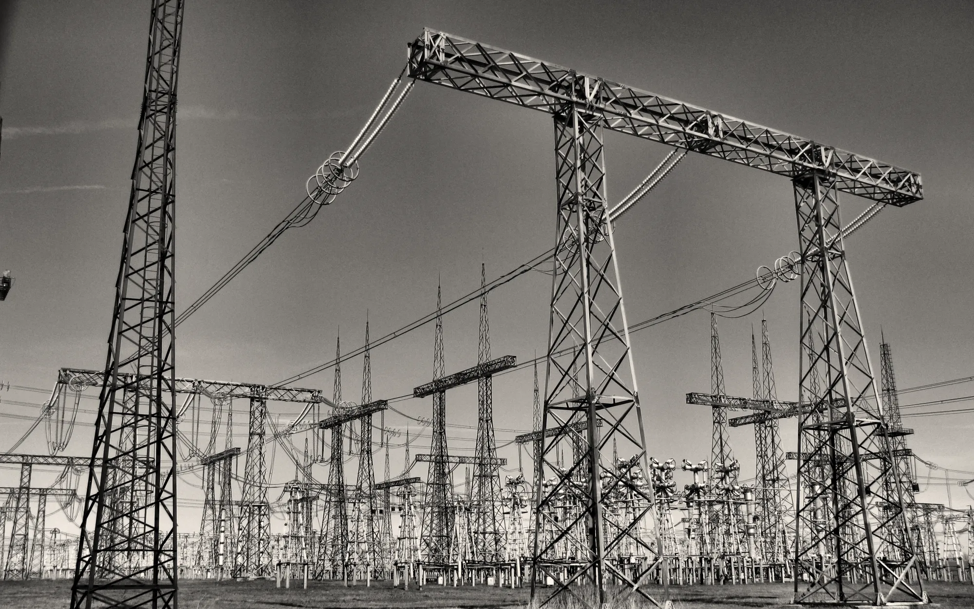 A high-voltage switchyard — Wikimedia Commons (CC0)