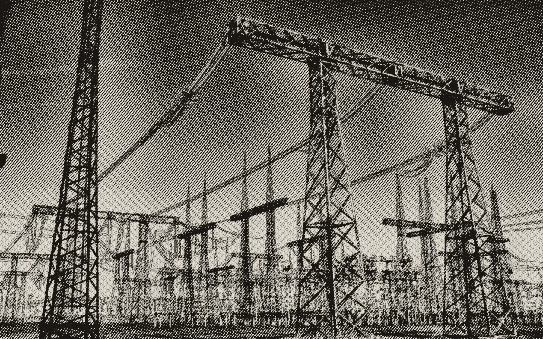 A high-voltage switchyard — engraving after a photograph — Wikimedia Commons (CC0)
