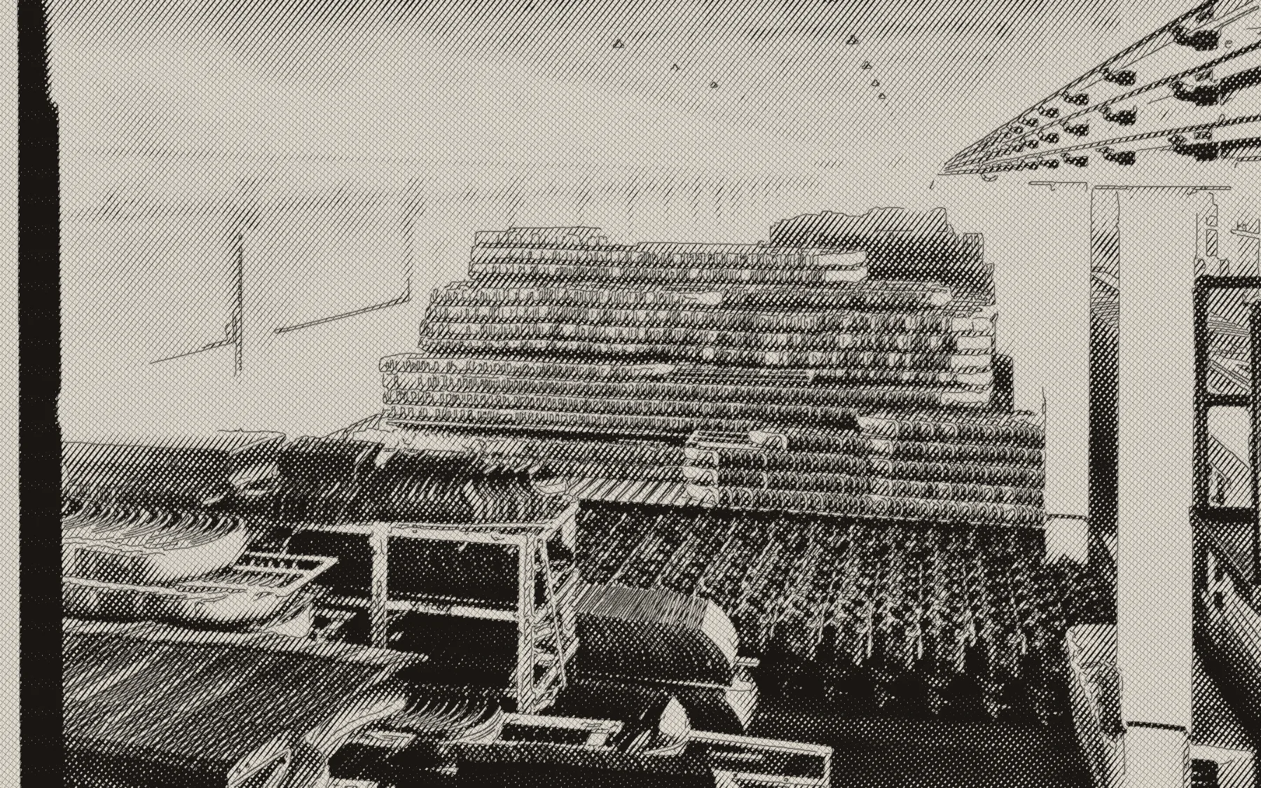 Parts in storage, 1930 — engraving after a photograph — Wikimedia Commons (public domain)